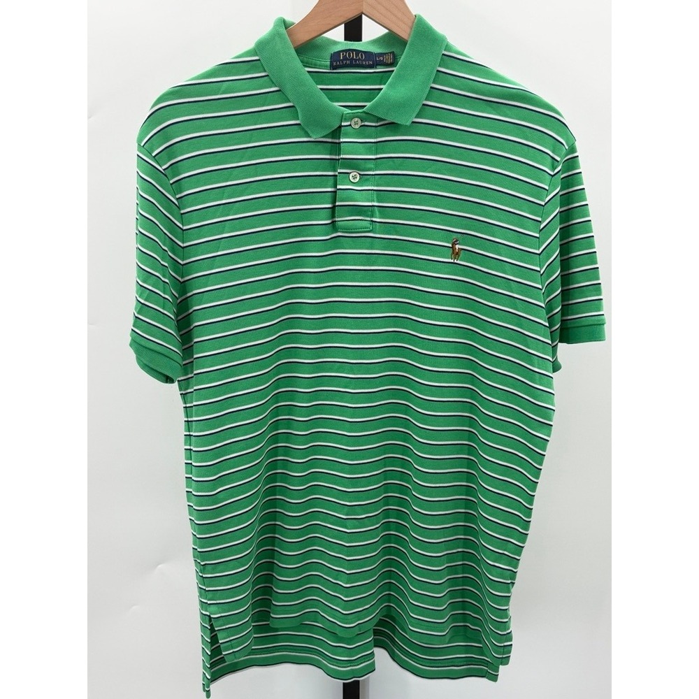 Polo Ralph Lauren Green Striped Pique Polo Shirt Mens Large Golf Preppy Cotton